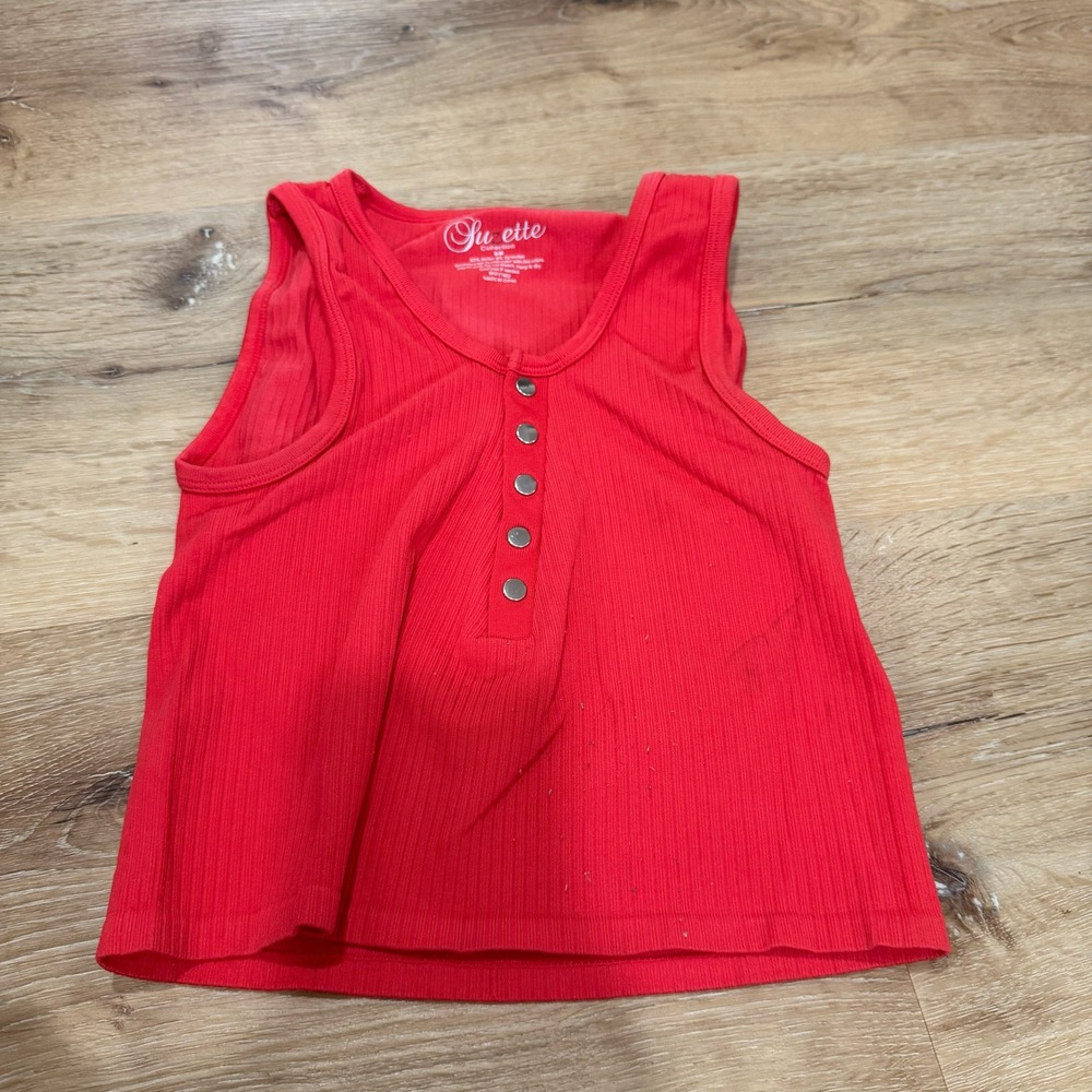 Suzette Collection Red Ribbed Henley Tank Top Snap Button Crop Top Womens S/M